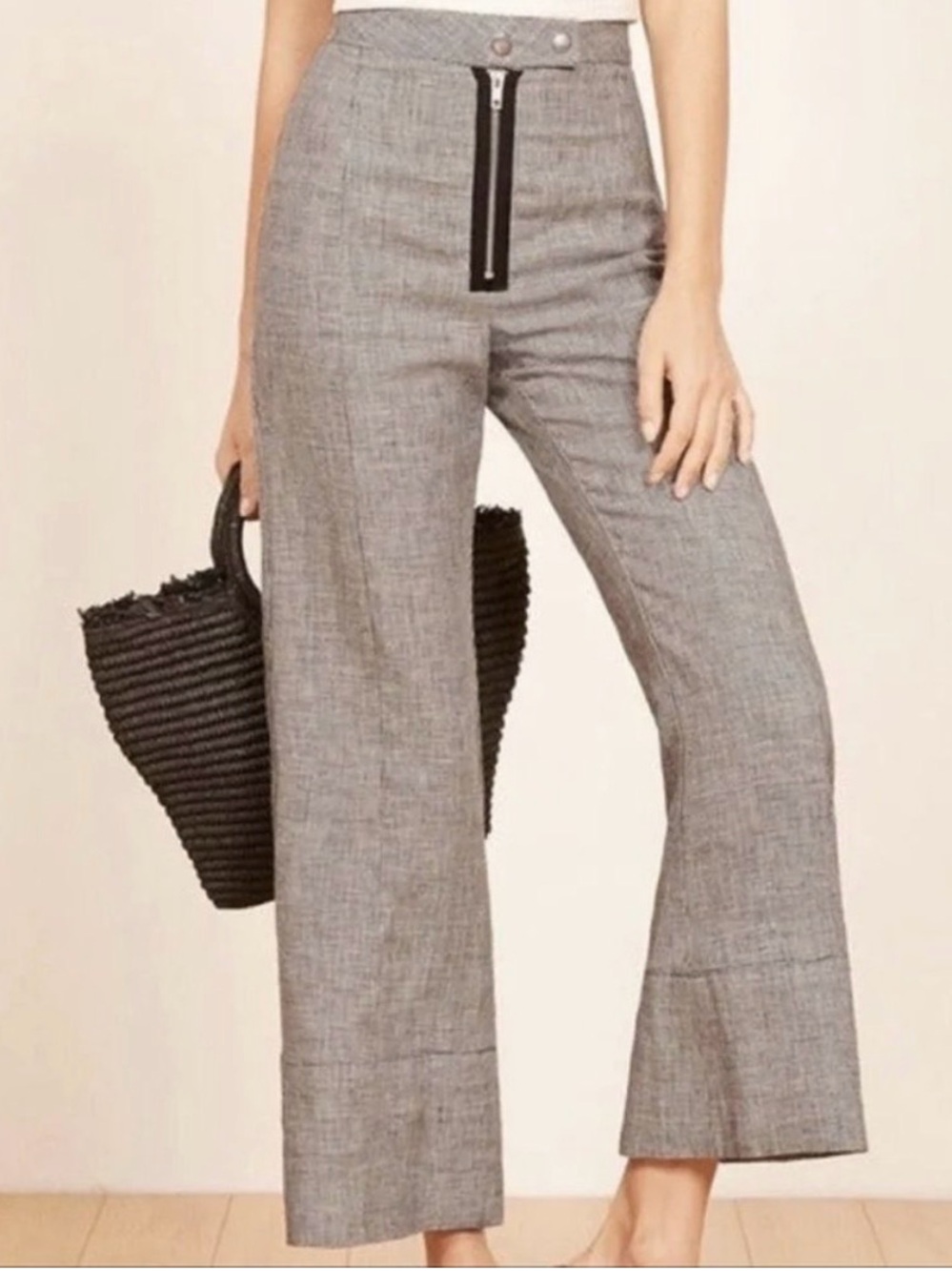 Reformation Gray High-Rise Wide-Leg Pants with Black Zip